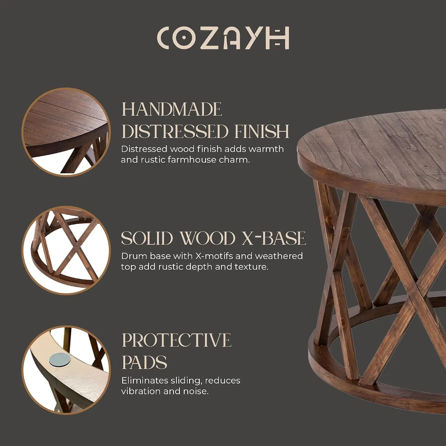Rustic Farmhouse Round Coffee Table X-Motif Legs Brown, Customized