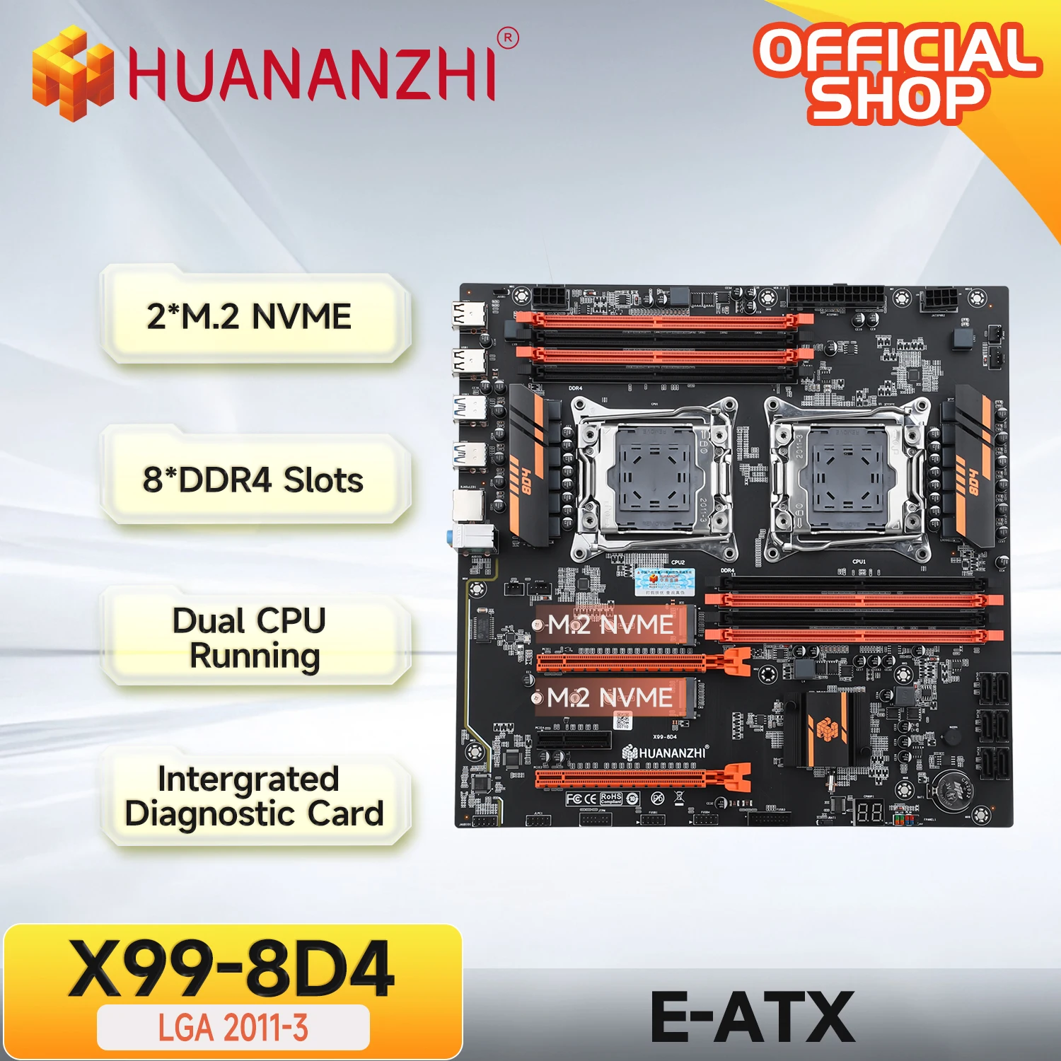 

HUANANZHI X99 8D4 Motherboard LGA 2011-3 Support Dual CPU Xeon 2690 2696 2680 2666 V3 V4 Processor DDR4 Memory NVME M.2 E-ATX