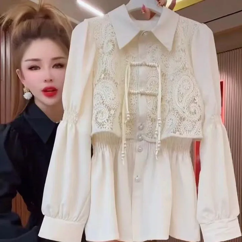 

Women's Chinese Style Lace Knot Button Shirt 2026 Spring Autumn Female Casual Blouses Ladies Tops Office Lady Elegant Clothing