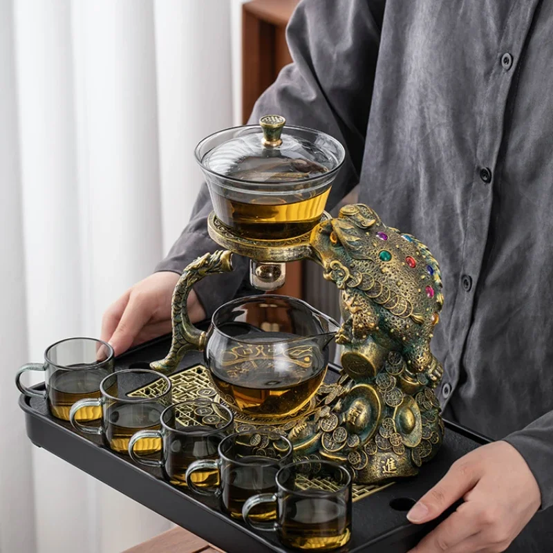 Golden Chinese Tea Set for Home, Lazy Tea Infuser with Highend Glass Cups, Anti-Scald Kung Fu Tea Ceremony Essentials