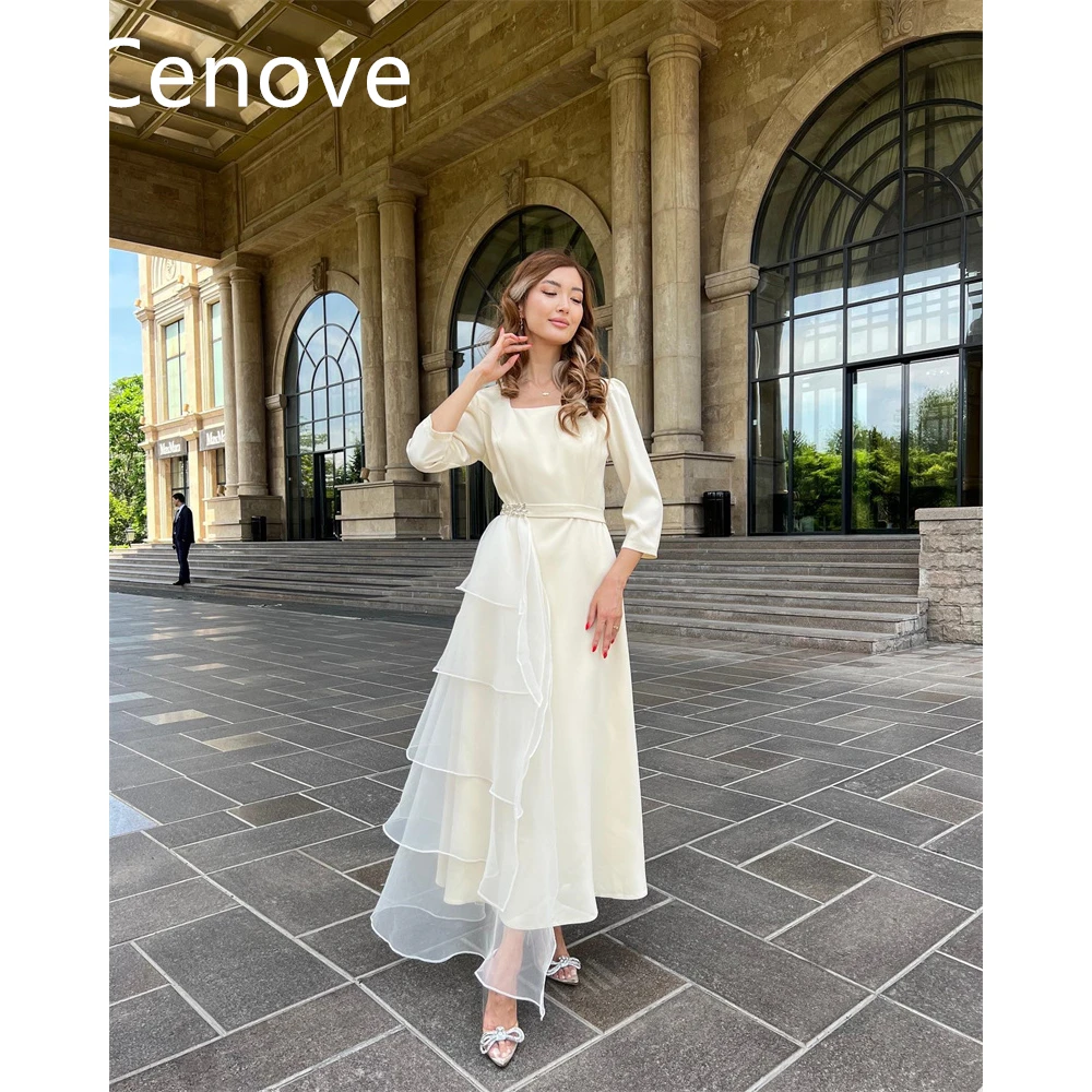 

Cenove White Square Neckline Prom Dress Long Sleeves With Tiered Lace Evening Summer Elegant Party Dress For Women2023