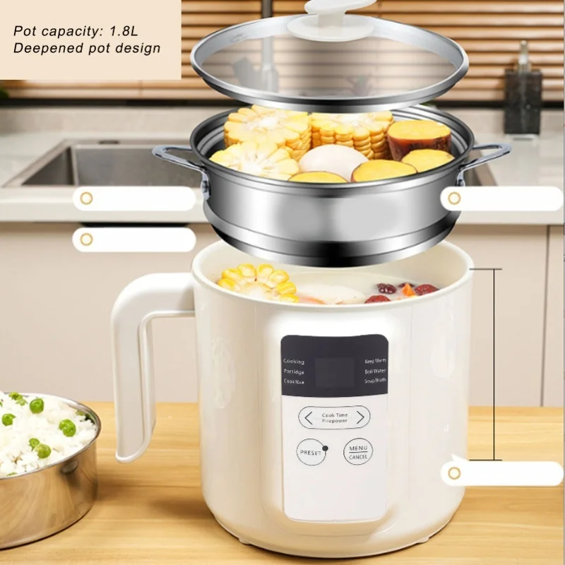 800W Dorm Electric Cooker 1.8L Low Sugar Anti Stick Pot with Steamer EU Plug Multifunctional for Noodles Rice Soup