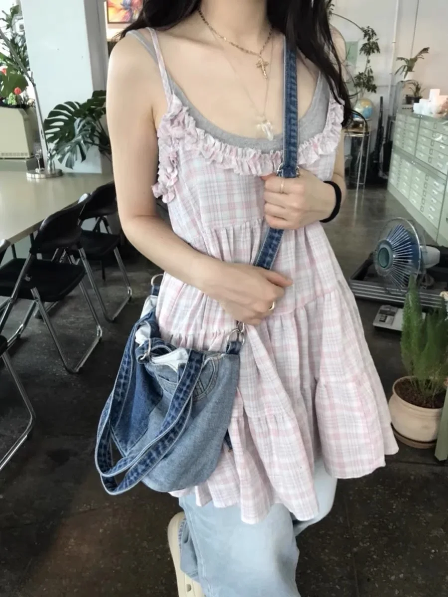 

Cotton Plaid Wrap Dr Women's U-ne Loose Anti-aging Pleated Lace- Splicing Doll ort Skirt Vest Top Summer Faion