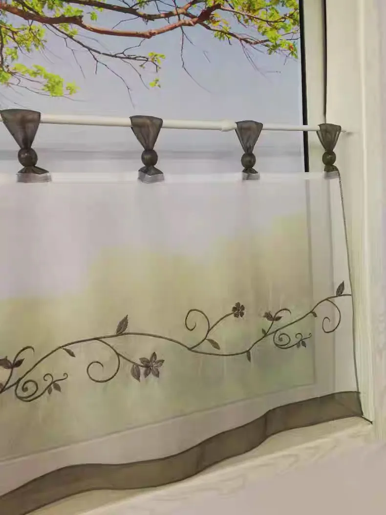 Rustic Exquisite Embroidery Small Flower Cutout Gauze Patchwork Coffee Curtain Semi-shade Short Kitchen Curtain Rod Pocket
