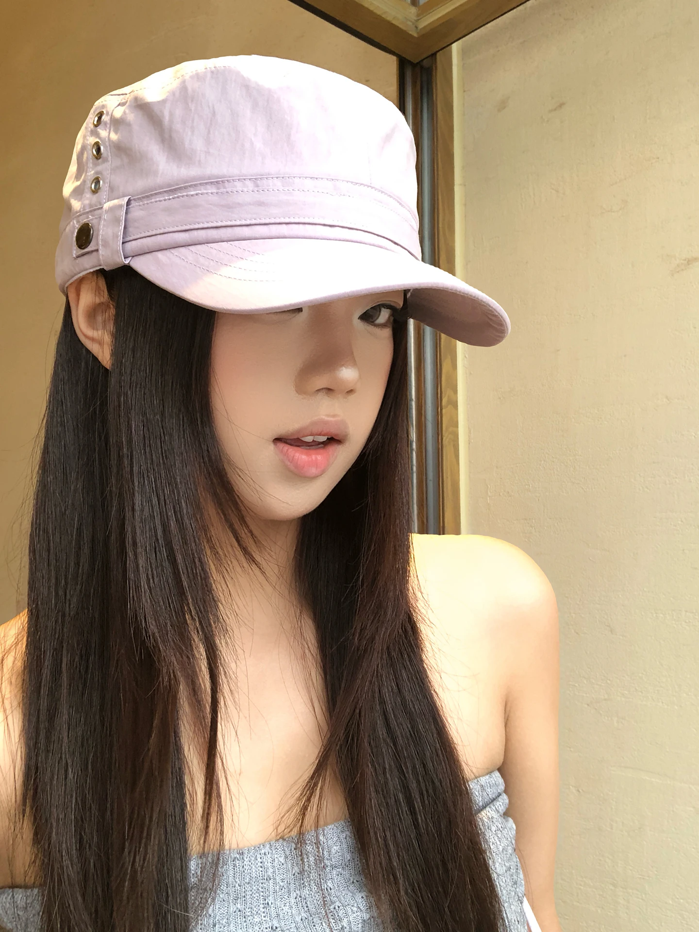 Retro Rivet Flat Top Hat Women's Casual Spring Summer New Fashionable Duckbill Cap Face Slimming Versatile round Crown Hat