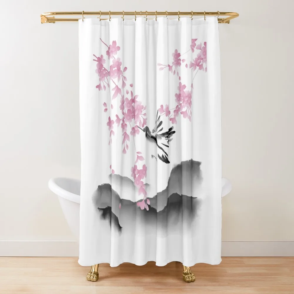 

Japan traditional sumi-e painting. Bird and sakura. Mountain landscape Shower Curtain Bathroom Deco Curtain