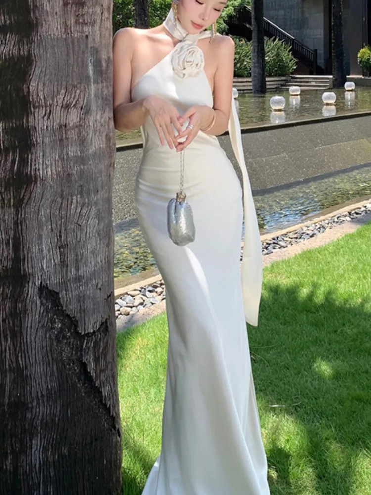 

Elegant French Fashion Woman Vestidos Satin Halter Bodycon Sash Backless Shoulder Slim Wasit Midi Dress Spring Summer New Robe