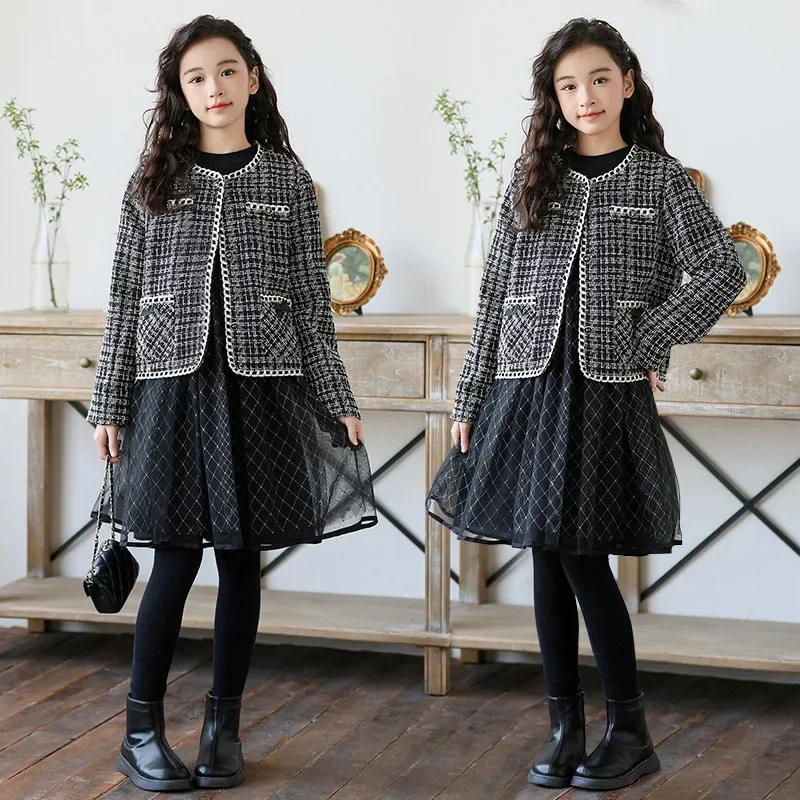 2025 Spring Girls Outfits Set Jacket Plaid Mesh Dress 2pcs Teen Children Clothing Fashion Princess Style School Kids Costumes