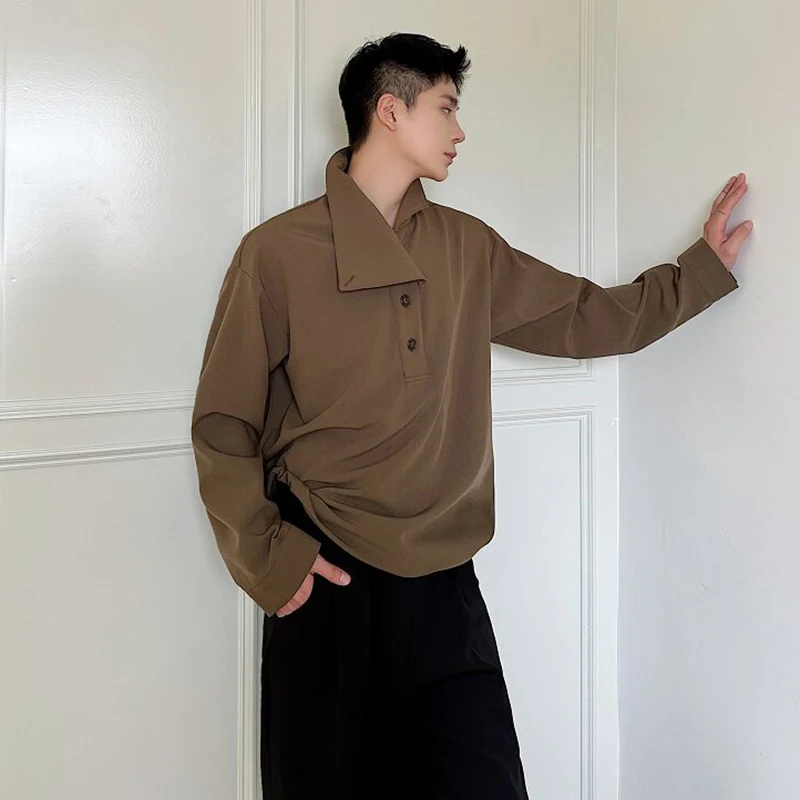 LUZHEN Long 2026 Spring Neck Original Niche Design Asymmetric Sleeve Pullover Shirts Men Fashion Elegant Solid Color Tops JY8421