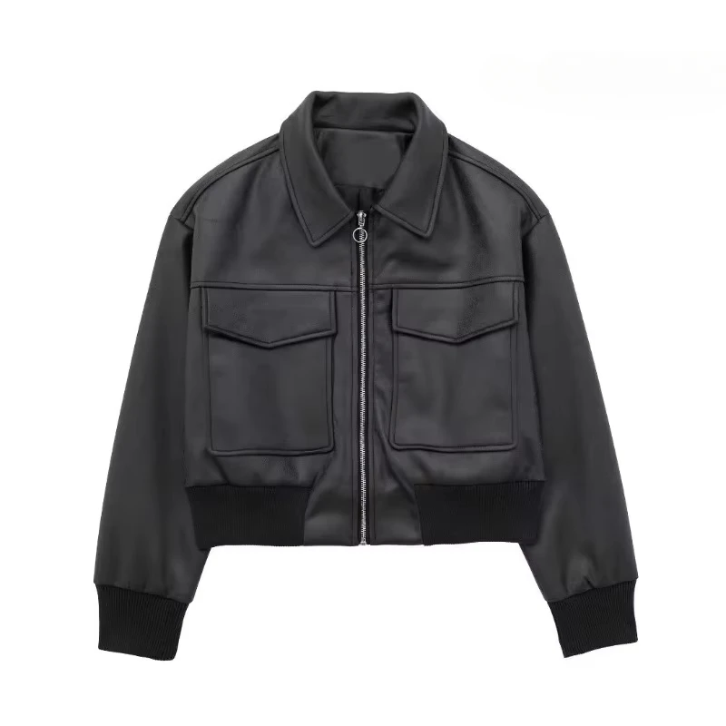 

TRAFZR Leather Jackets Woman New in Outerwears Women's Autumn Coat Black Cropped Coat American Vintage Aviator Jackets