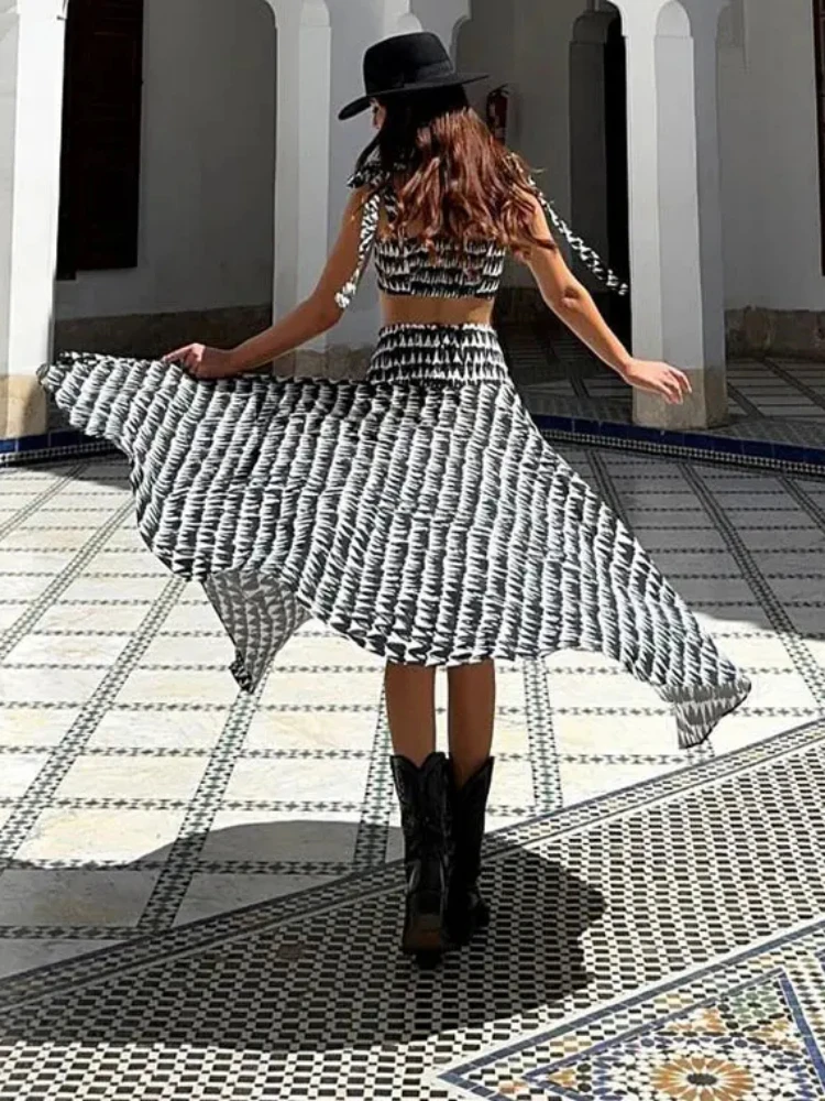 ZBZA Women's Printed Skirts Set Bow Tie Straps Straight Neck Backless Tops Low Waist Hidden Zip Skirt Summer New Female Chic Set