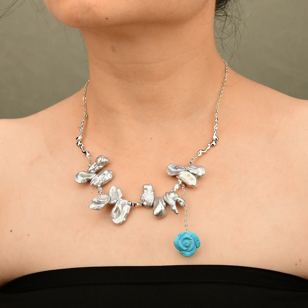 G-G Natural Gray Keshi Pearl Necklace Blue Turquoise Flower Pendant 925 Silver Plated Connector Chian Necklace For Lady