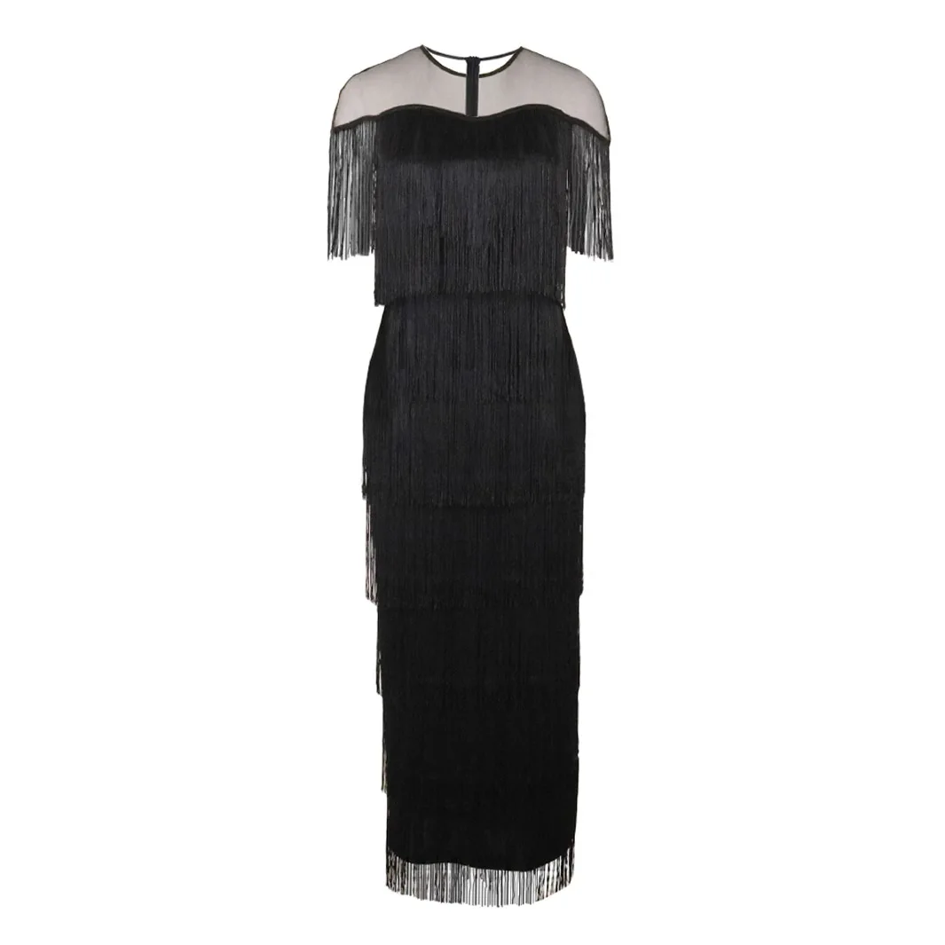 

Elegant Round Sheer Neck Side Split Tassels Tea Length Formal Evening Dress With Short Sleeves