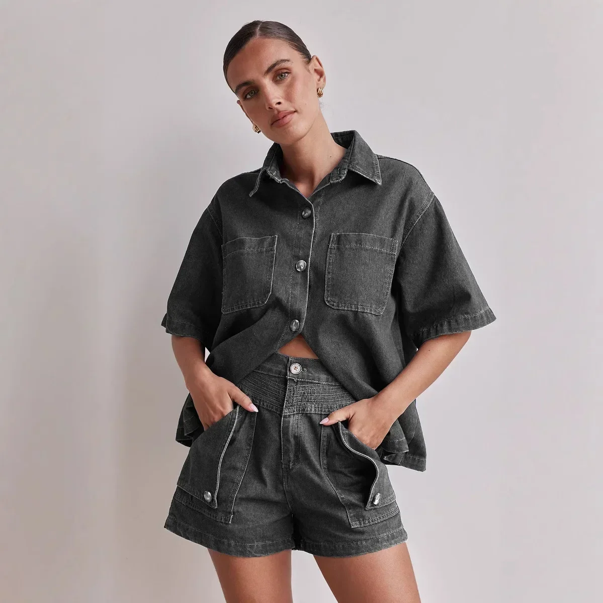 デニムショーツスーツ女性ストリート 2 点セットシャツコートショートパンツアンサンブルシングルブレストラペルジーンズユーズド加工衣装