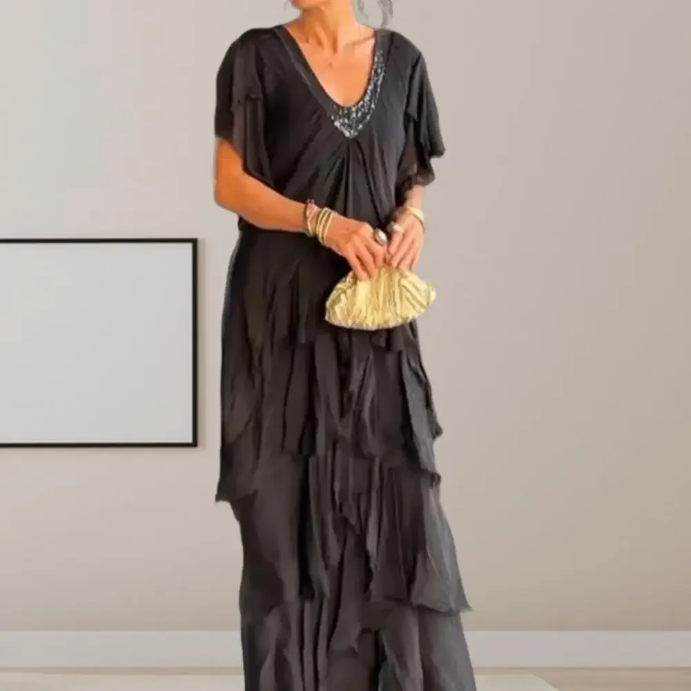 Vestido de noite feminino para o verão cor sólida manga curta vestido de festa lantejoulas retalhos rasgado espalhado em camadas vestido com decote em v