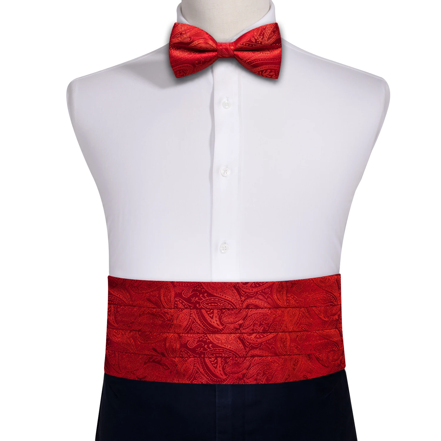 Casamento vermelho seda cummerbund para homens requintado paisley bowtie lenço abotoaduras conjuntos noivo festa de negócios barry.wang 1070