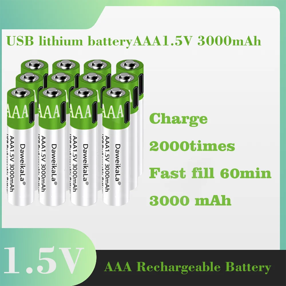 4-50PCS USB AAA Rechargeable Batteries 1.5V 3000mAh li-ion battery for remote control mouseElectric toy battery + Type-C Cable