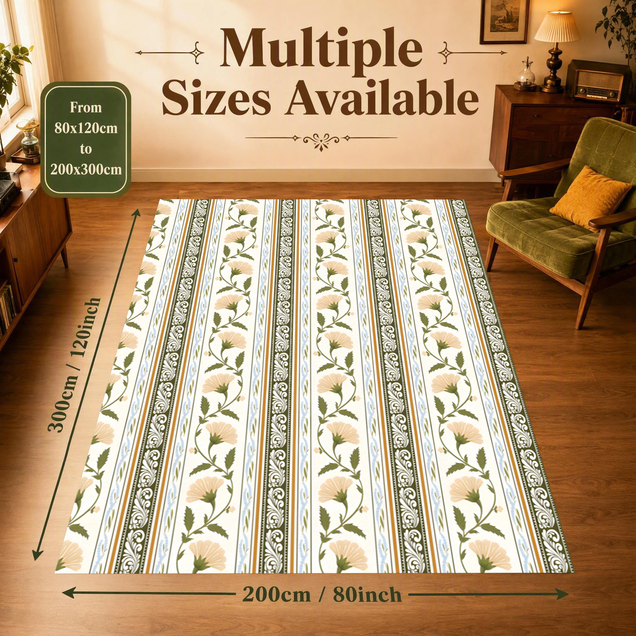 2D Large Carpet with Light Pink Floral Stripes, Retro French Style, Suitable for Living Room, Bedroom, and the Entire House, Instantly Refreshes Autumn and Winter Decor