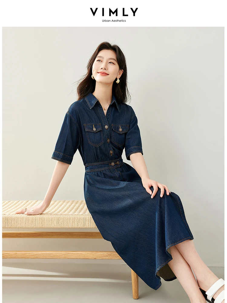 Vimly Summer Lapel Short Sleeve Cotton Denim Shirt Dress 2024 Single Breasted Pockets Casual Midi Jeans Dresses Woman 72997