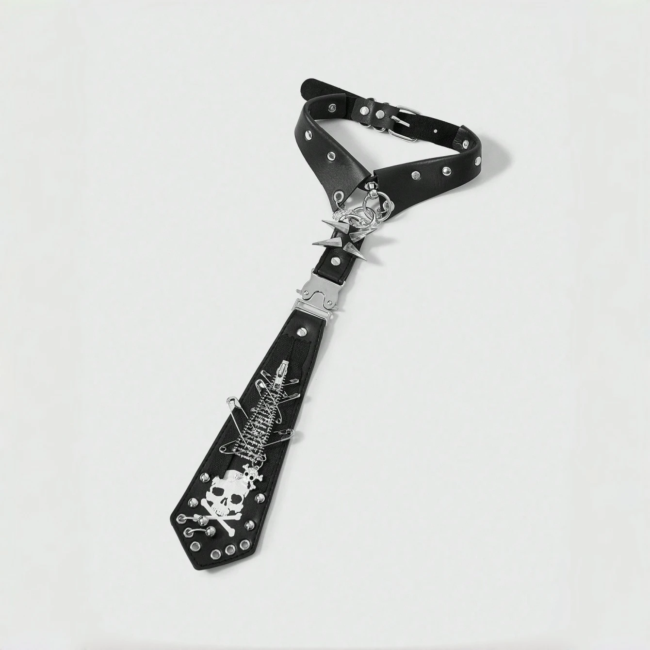 Y2K Punk Tie for Men Women, Studded Zipper Skull & Letter Print, Gothic Dark Color Unique Personalized Fashion Accessory