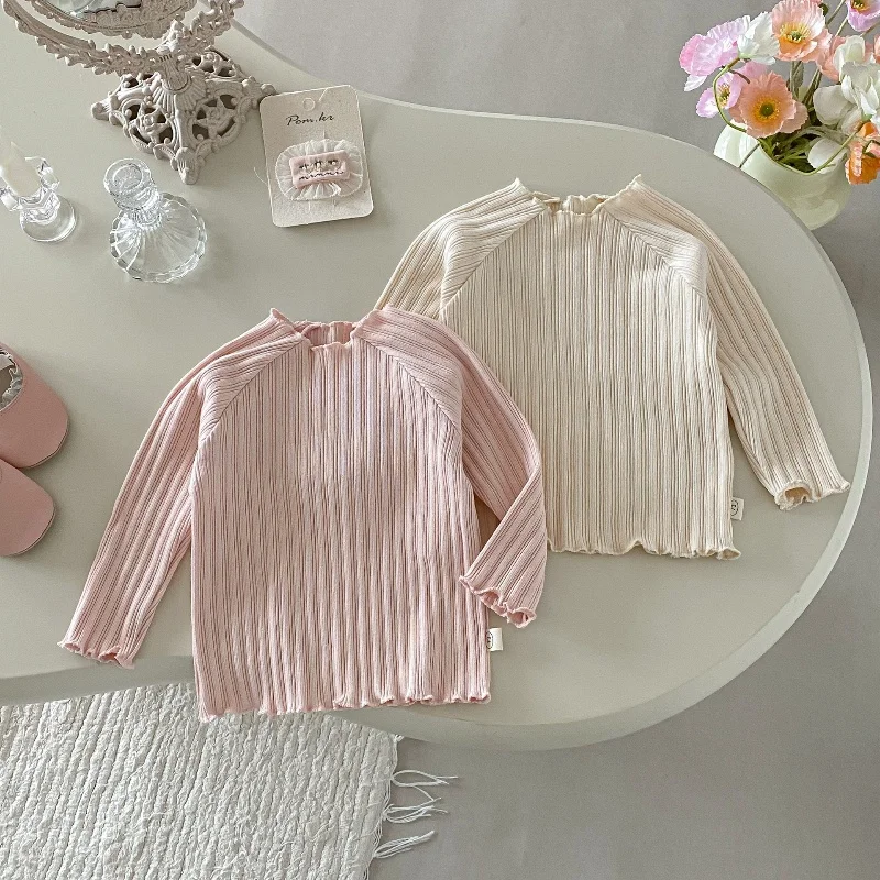 

2025 New Toddler Solid Color Ribbed Knit Kids Cotton Basic Tee Girls Casual Ruffle Autumn Long Sleeve Base Layer Shirt