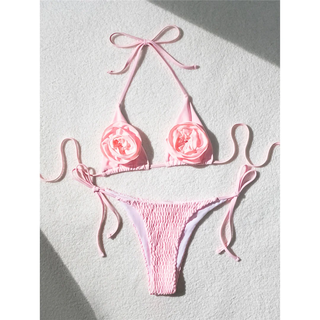 Damen-Bademode, 3D-Blumen, Neckholder, geraffte Träger, Bikini mit Schnürung, zweiteiliger Bikini-Set, Badeanzug, Badebekleidung, Schwimmkleidung V6135 – Detail 9