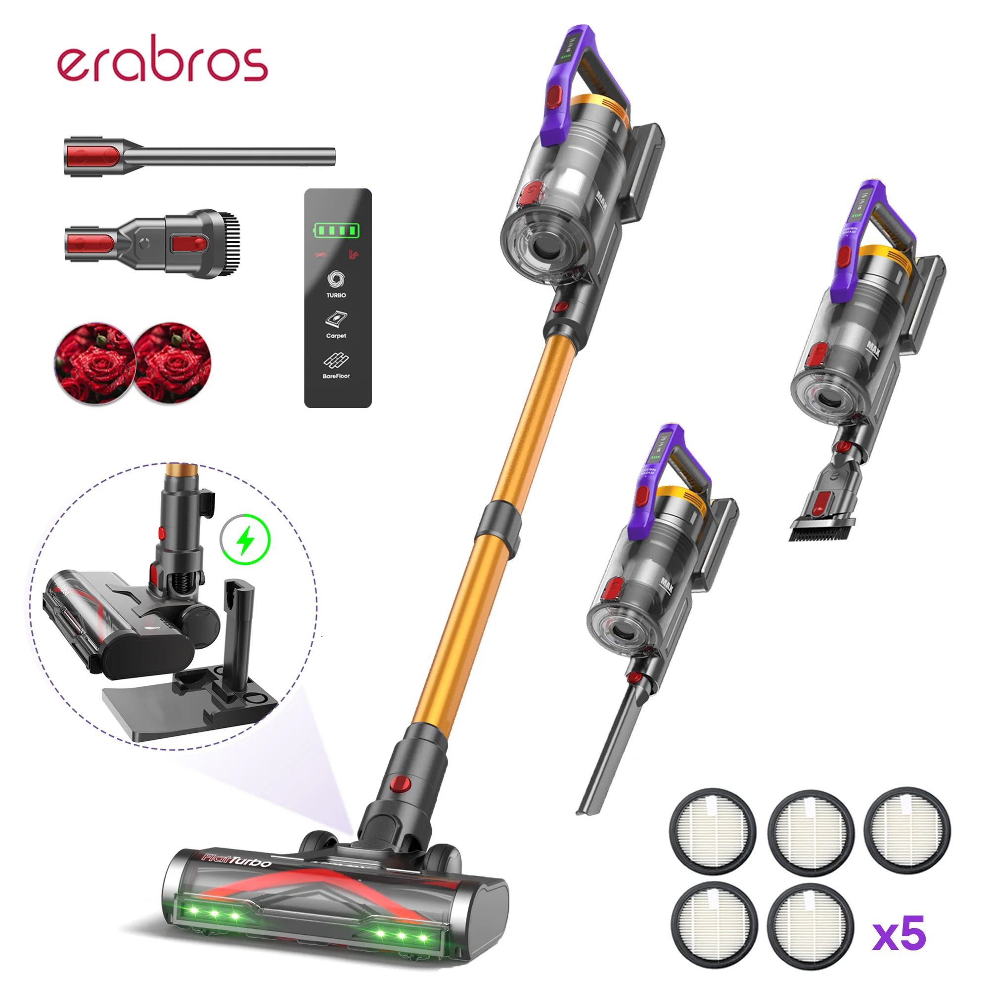 Aspirateur sans fil Erabros EV7 550W avec moteur, aspiration 70KPa, autonomie 70 min, base de chargement et de rangement, design aromatique