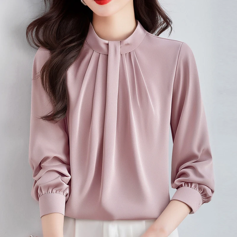 

Женская атласная блузка, осень 2023, новая однотонная блузка с круглым вырезом и длинными рукавами, модный дизайн, офисный топ, элегантная женская базовая рубашка