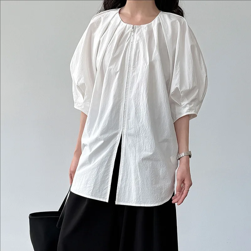 

Summer clothing new casual o-neck pleated loose pullover shirts women