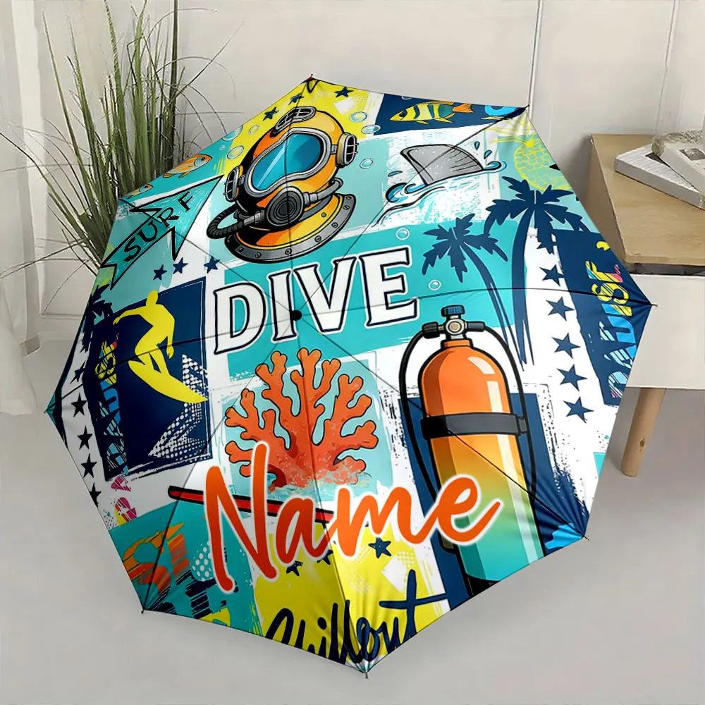 Custom Name Umbrella Diving Adventure-Themed Umbrella Design Print 8 Iron Ribs Folding Umbrella Auto-Open Fashion Sunshade