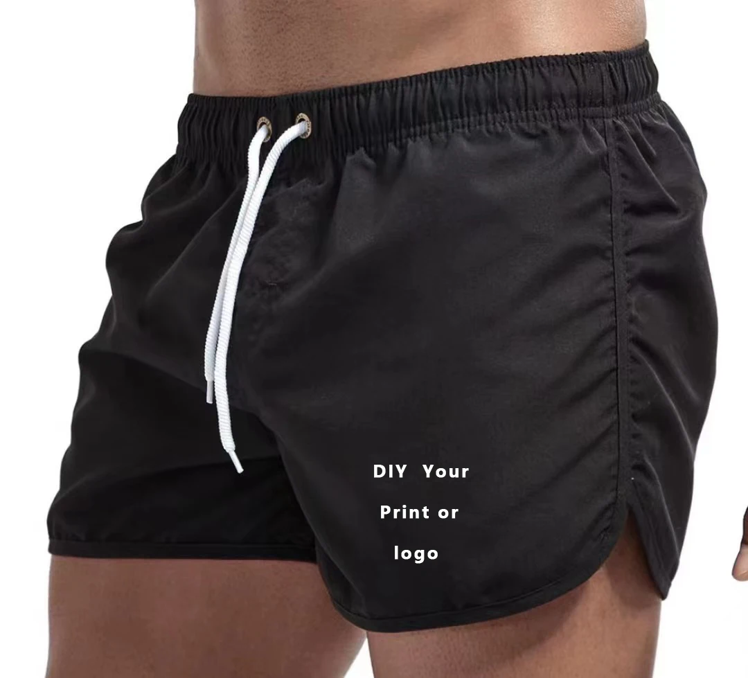 Custom Logo Men\'s Swim Trunks Beach Shorts Drawstring with Mesh Lining Elastic Waist Plain Breathable Soft Casual Shorts