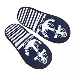 Custom Nautical Navy Blue Stripes And White Anchor Memory Foam Slippers Women Comfy Warm Navigation House Slippers