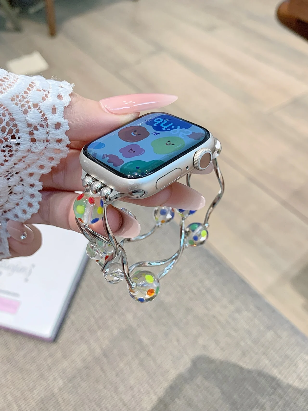 Vibrant Glass Bead Strap For Stylish Metal Watch Band For Apple Watch Ultra SE 11 10 9 8 7 Cute Glam Women Daily Wristband