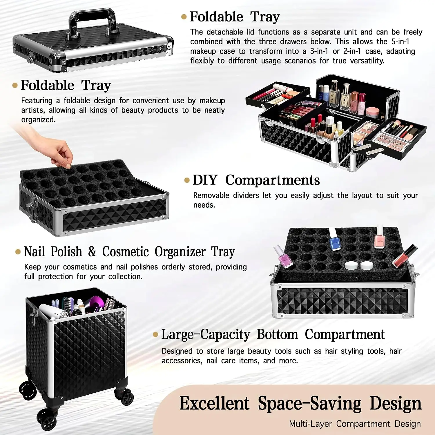 Rolling Makeup Train Case, Cosmetic Trolley Luggage Box, Salon Beauty Barber Tool Storage Organizer, Multi Layer Detachable Caster Wheel Holder, Classic Style, Solid Black, 1 Pack view 5