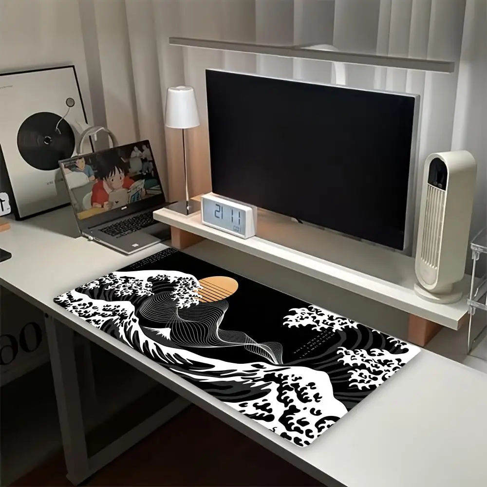 Ukiyo-e Wave Sakura Print Large Gaming Mousepad Non-slip Rubber Base Stitched Edge Office Keyboard Workstation Decor