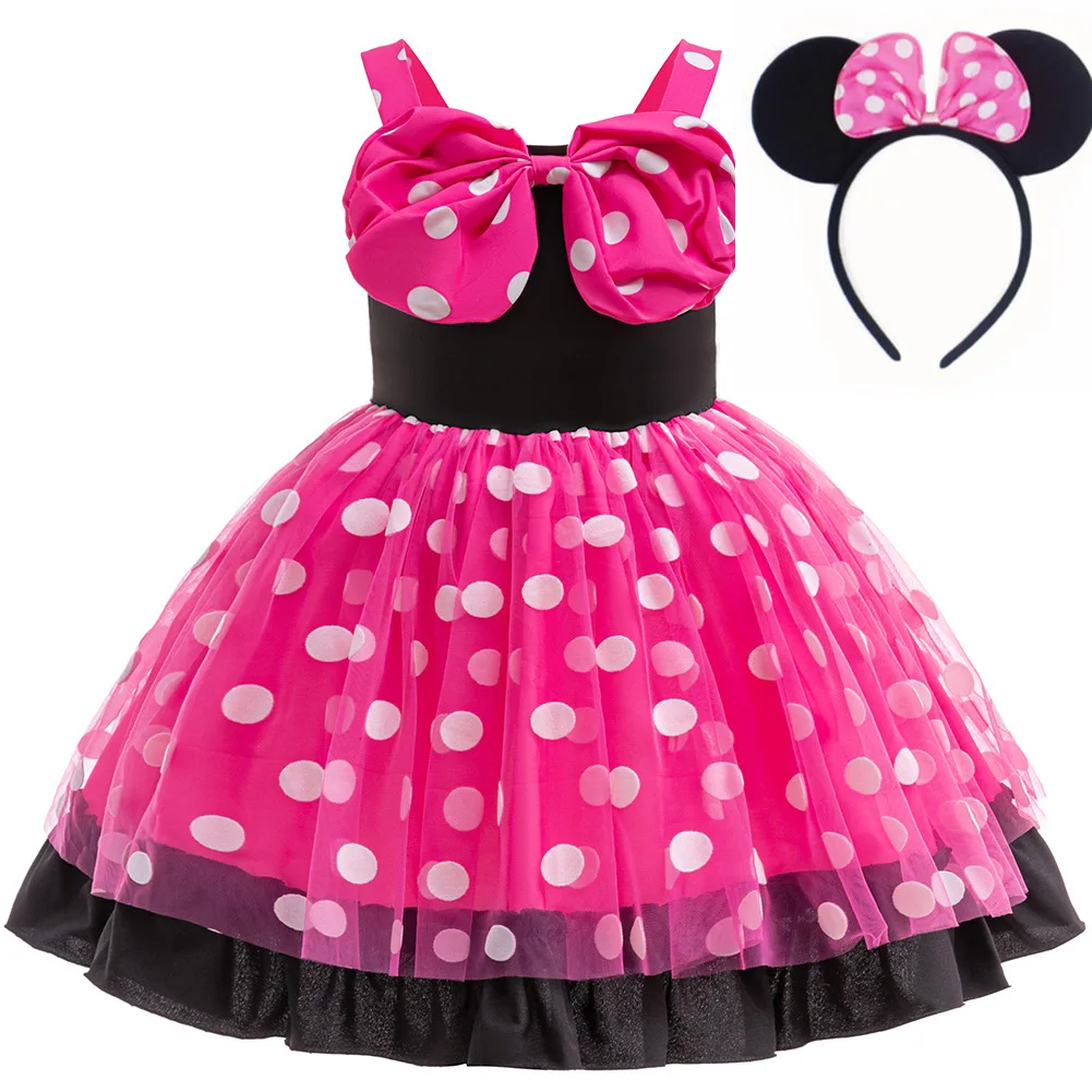 

Children's Day Girls Cute Princess Dress WIith Bowknot Headband Kids Minni Polka Dot Gown For Birthday Party Carnival Costume
