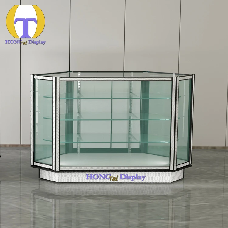 Rak Display Toko Retail Custom Desain Modern Alas Putih Bingkai Aluminium Hitam Kaca Full Vision