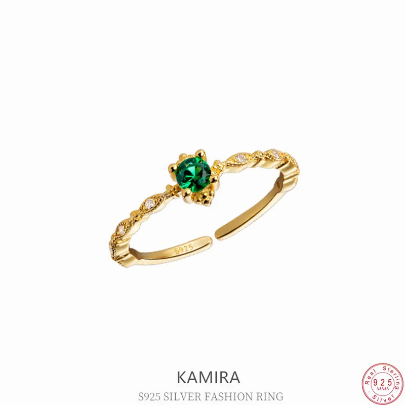 KAMIRA Real 925 Sterling Silver Gold Luxury Green Zircons Open Rings for Women Party Wedding Temperament Charm Exquisite Jewelry