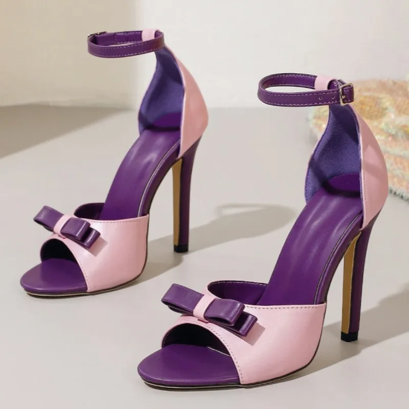 أنيقة القوس الديكور اللمحة تو عالية الكعب النساء الجدة الأرجواني والوردي المرقعة تصميم خنجر الصنادل الكاحل حزام Sandalias #5