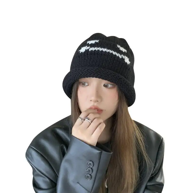 

652F Skull Beanie Black White Women Beanie Encrusted Smiling Face Hat Warm Beanie