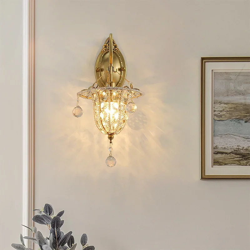 Franse Woonkamer Crème Wind Trap Amerikaanse Achtergrond Muur Licht Luxe Slaapkamer Bed Kristal Muur Lamp