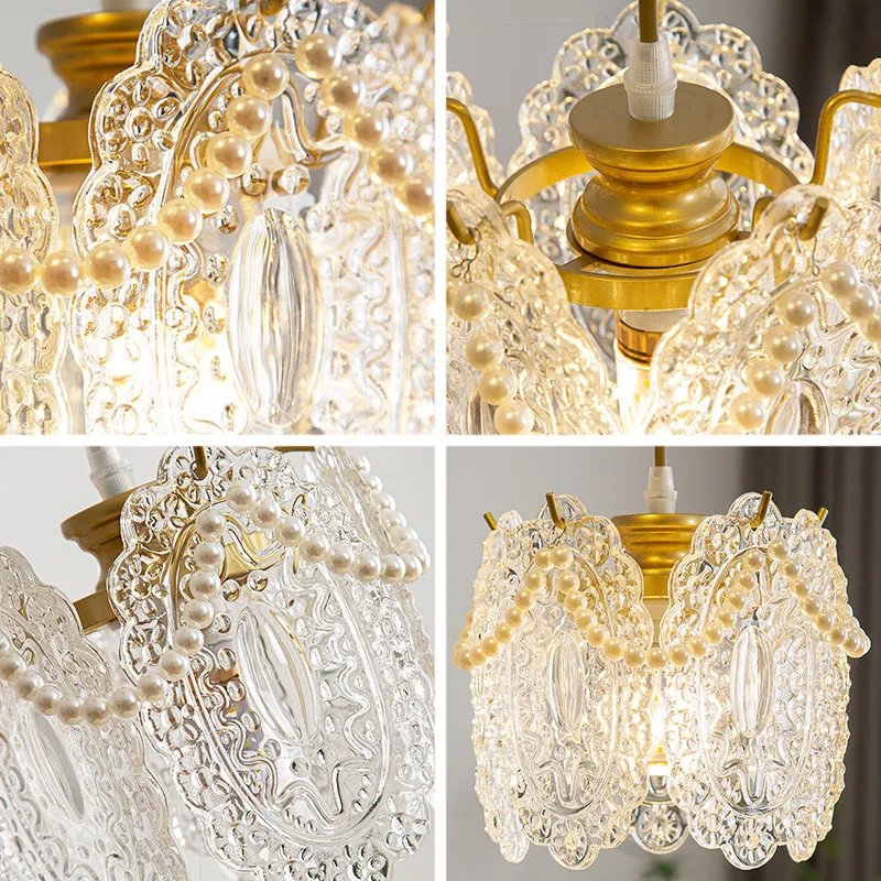 Classical French Carved Glass Pearl Dining Room Chandelier Living  Bedroom Study Balcony Led Pendant Lighting For Home