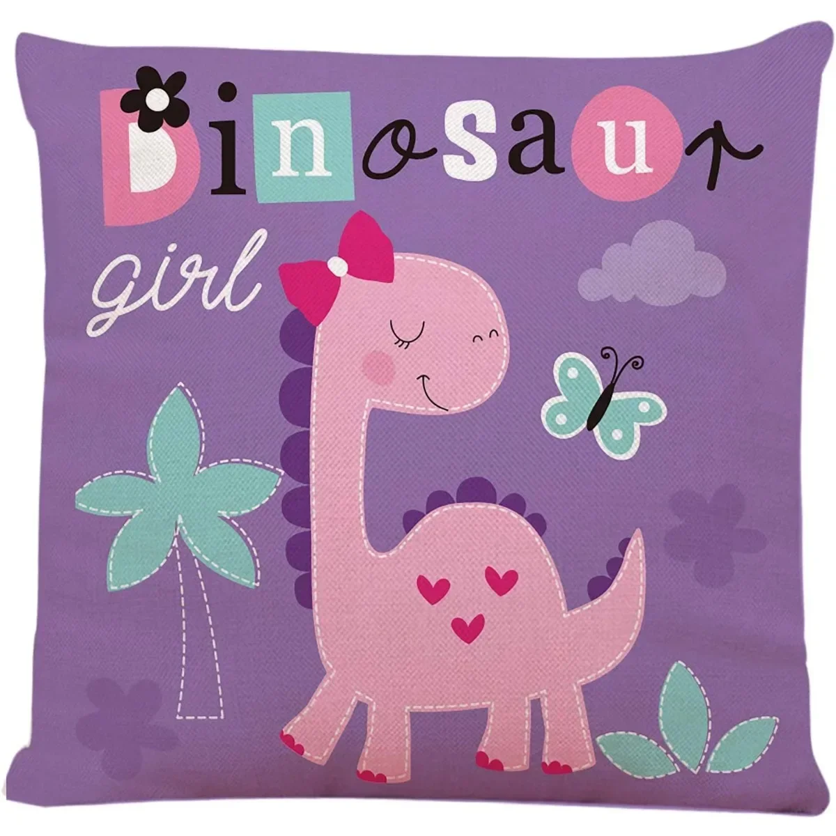 Colorful Dino Cute Dinosaur Girl Pink Animal Baby Cartoon Butterfly Square Decorative Throw Pillow Cushion Case 45x45cm 18x18In