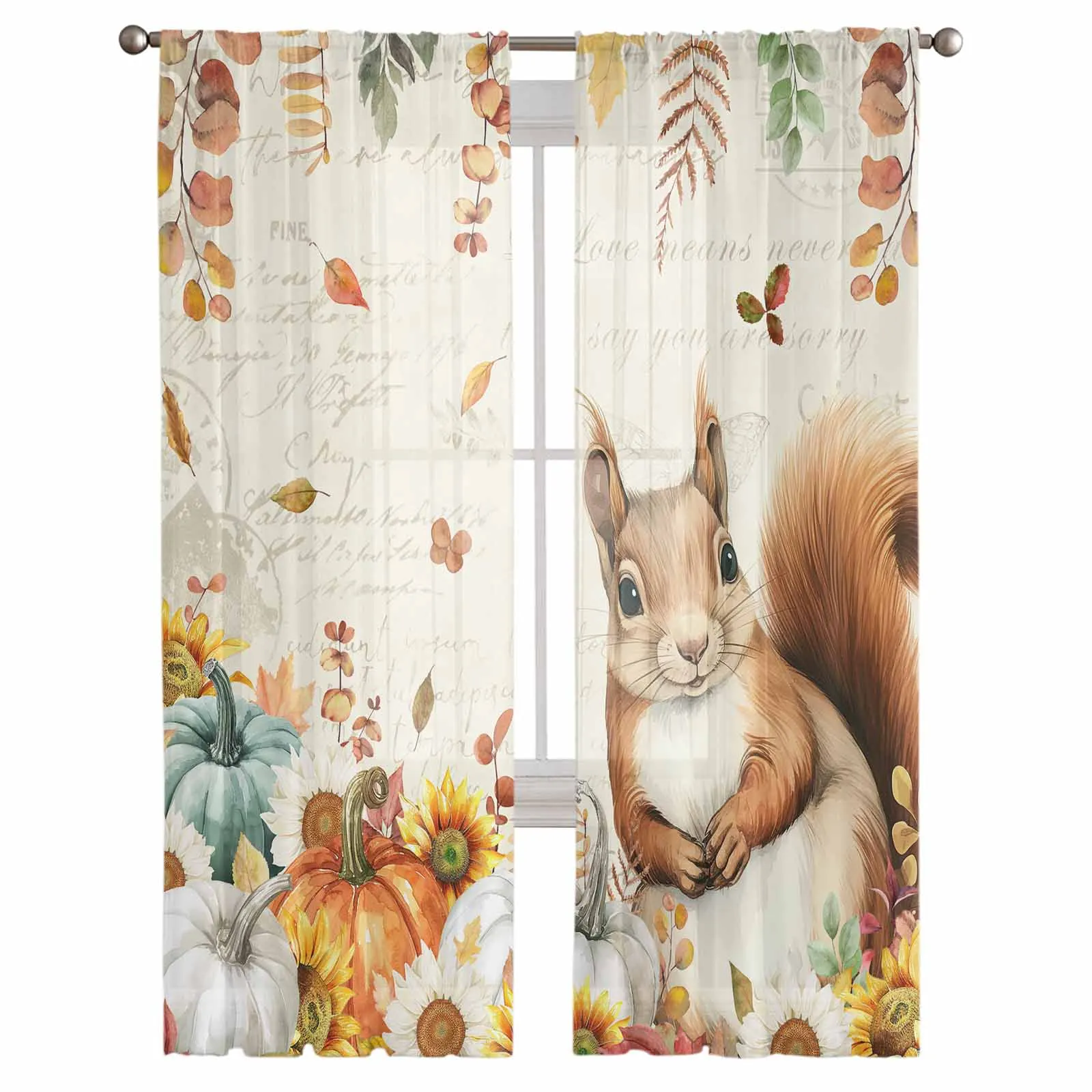 Eucalyptus Leaf Pumpkin Sunflower Squirrel Curtains Living Room Bedroom Kitchen Decoration Window Voiles Organza Tulle Curtain