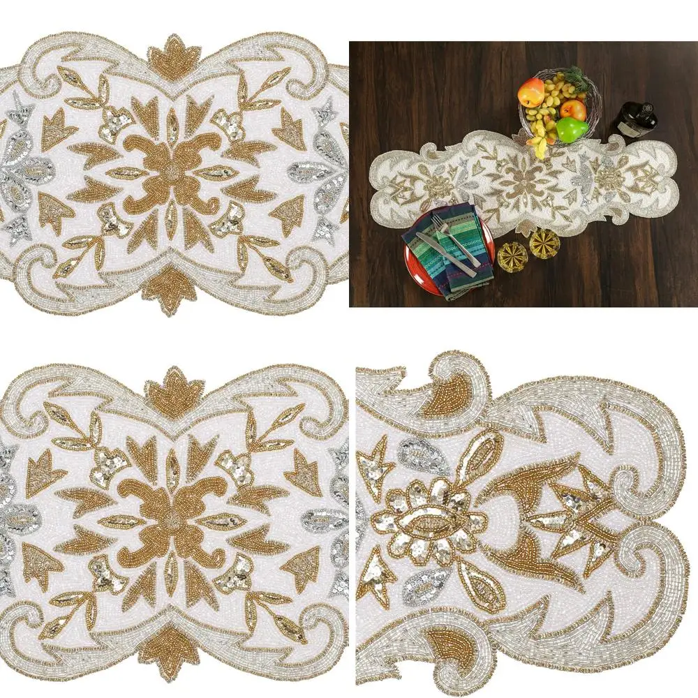 

Elegant Farmhouse Style Glitz Table Runner - Perfect for Weddings, Thanksgiving, and Easter - 13x36 Inches in Silver, Gold, Ivor