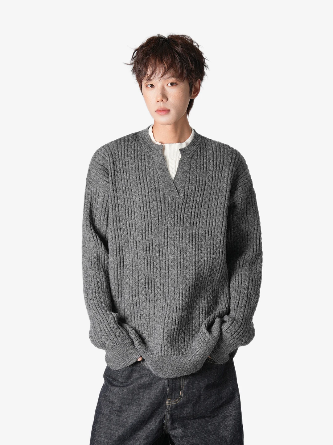 

Мужской теплый серый вязаный свитер с V-образным вырезом, осенне-зимний, повседневный стиль, с узором косы, шерстяной, комфортный, мягкий, свободного кроя, топ