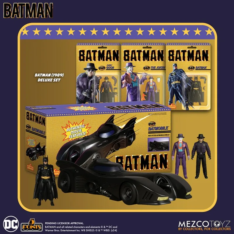 

Коллекционная фигурка Mezco 5 Points Batman 1989 Batmobile Deluxe Set: Официальные фигурки Бэтмена, Джокера и Боба Гуна для фанатов Бэтмена