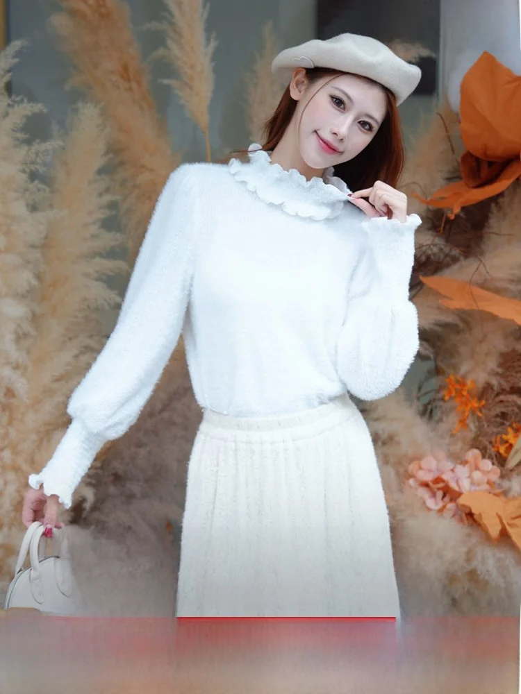 

Новый женский вязаный свитер с круглым вырезом и оборками по низу, мягкий, из полиэстера, для зимы...