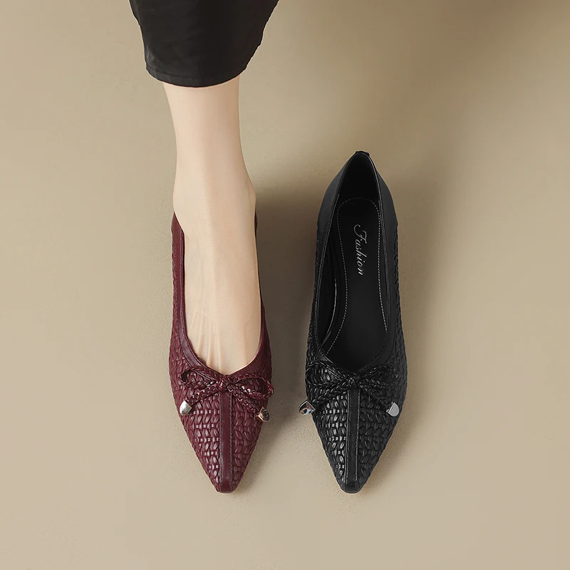 جلد طبيعي Bowknot أشار تو الانزلاق على مضخات مكتنزة كعب منخفض فستان الضحلة أحذية للنساء #3