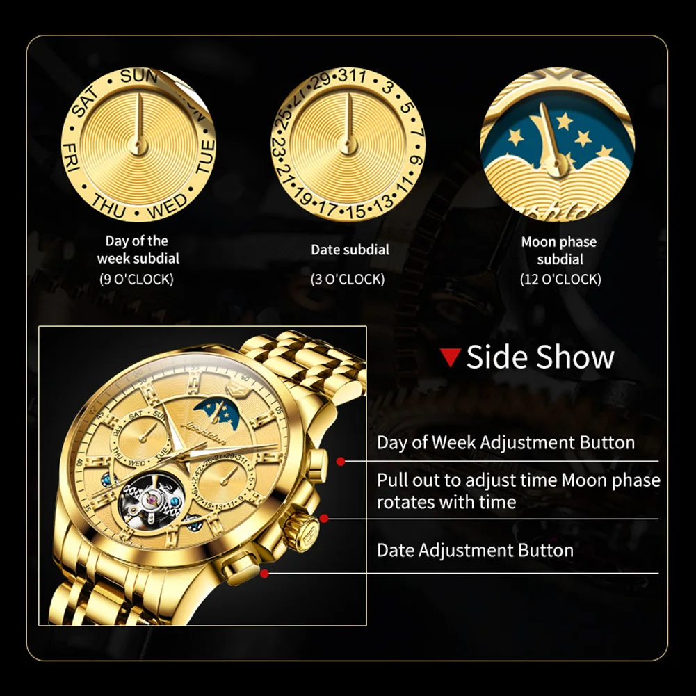 JSDUN Golden Automatic Mechanical Watch for Men Tourbillon Skeleton Moon Phase Calendar Men Watch TOP Brand Original Wristwatch